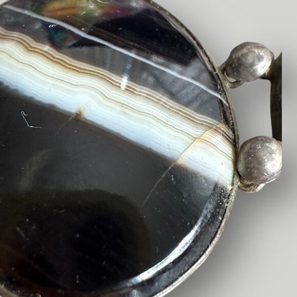 Vintage Sterling Silver Banded Agate Bracelet Oval Cabochon Stones sz 7 - Picture 3 of 9